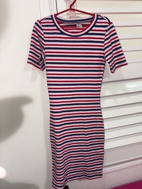 H&M Striped Short-Sleeve Mini Dress in Pink, Navy & White
